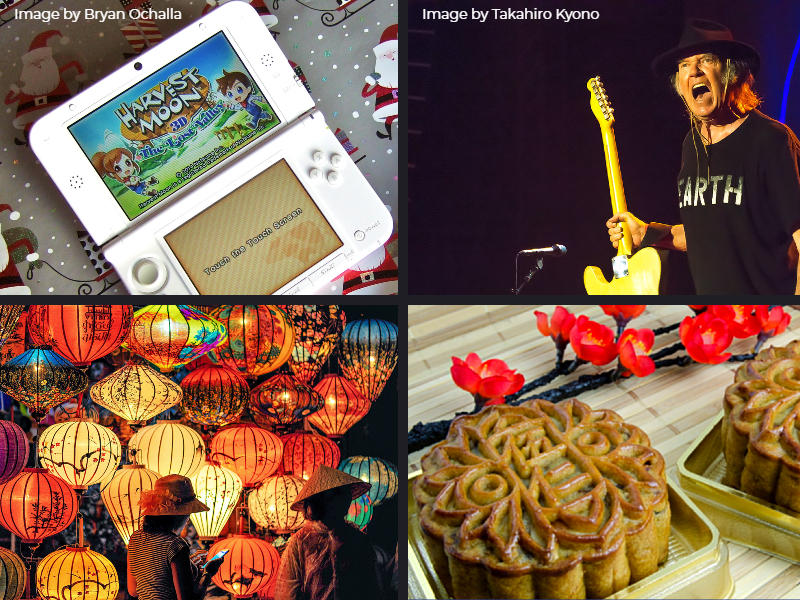 Four photos in a grid. Top left: A handheld video game console playing Harvest Moon 3D. Top right: Neil Young shouting and holding a guitar. Bottom left: Two people standing in front of a wall of paper lanterns. Bottom right: Two mooncakes in boxes in front of red flowers.